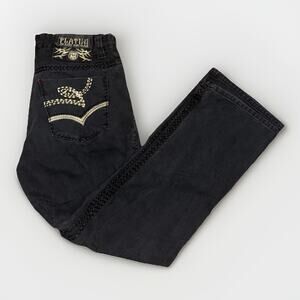 Vintage Platini Jeans Cougar Embroidered Pants Black 33x32 Y2K (Missing Button)
